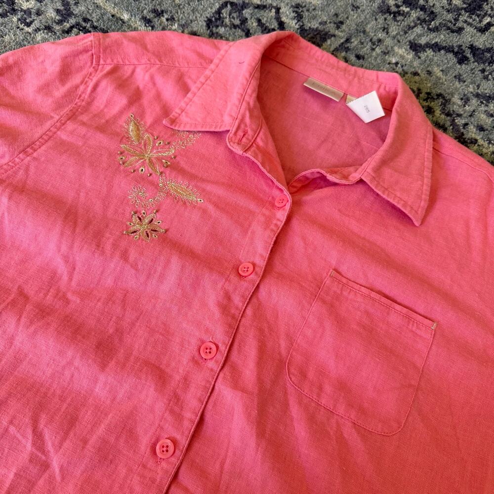 Beach VTG Linen Blend Gold Floral Embroidered Summer Coastal Chic Boho Shirt- XL